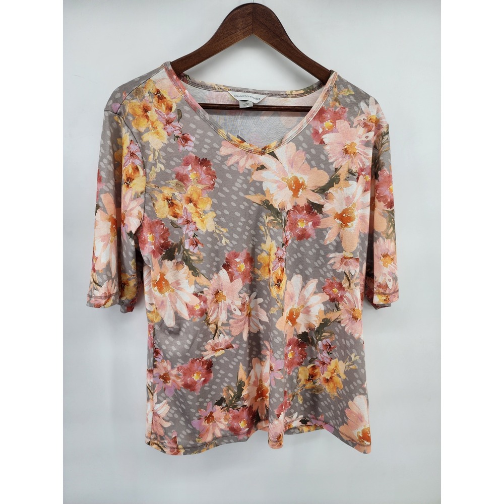 Christopher & Banks Womens XL Floral V-Neck Short Sleeve Top Gray Pink Orange
